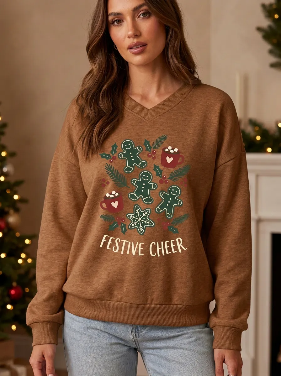 Festive Christmas Gingerbread Man Cocoa Print Sweatshirt