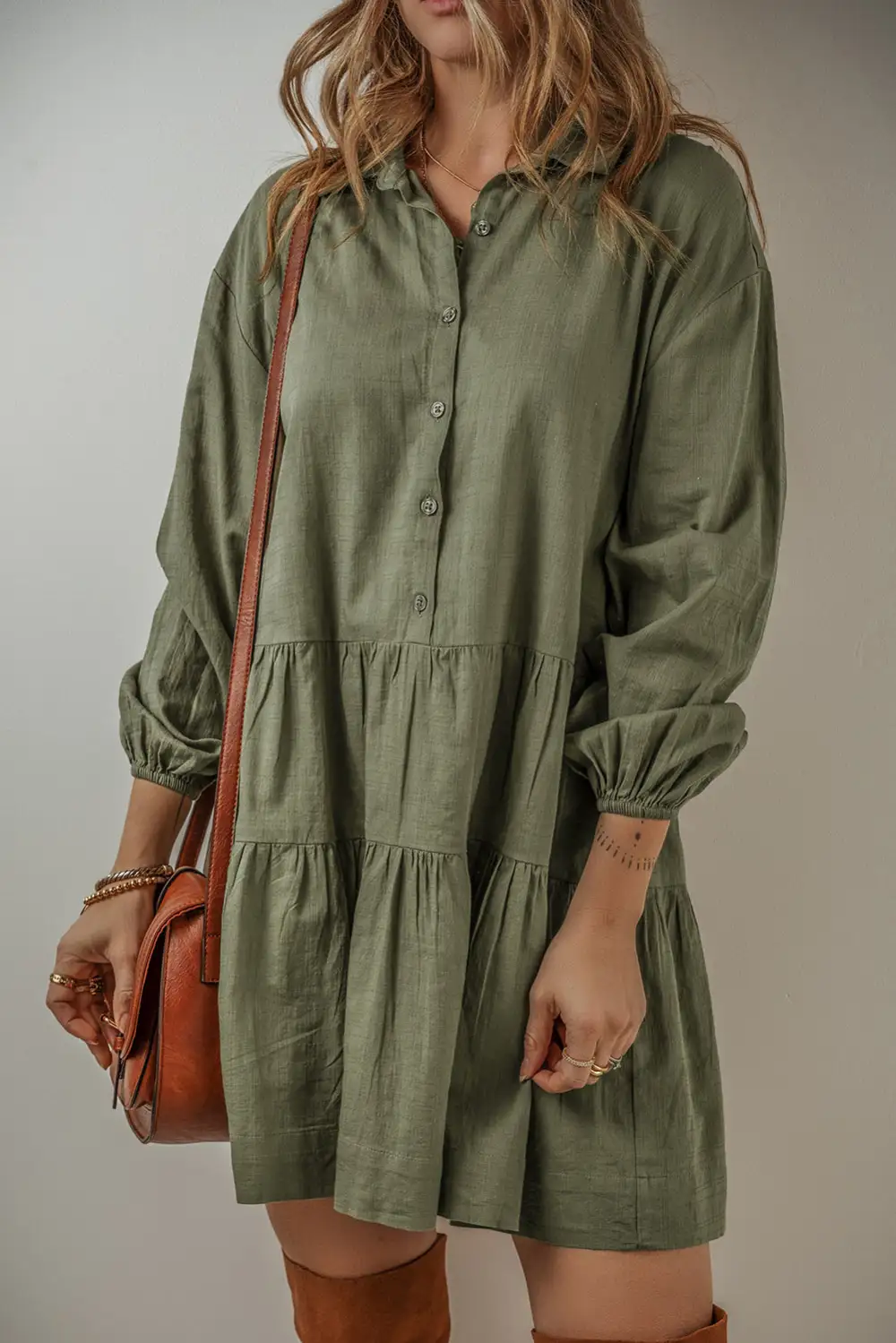 Tiered Pleated Button Front Mini Dress