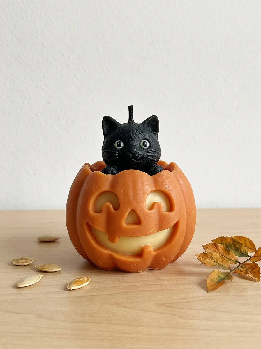 Halloween Black Cat in Pumpkin Shaped Candle