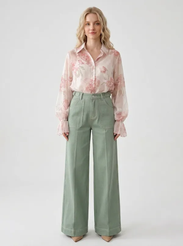 Women's Casual Fashion Sage Green Wide Leg Printed Pants