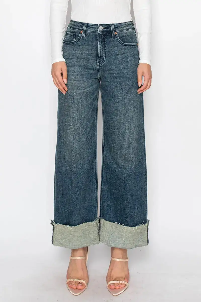 Tummy Control High Rise Wide Leg Cuffed Denim Jeans