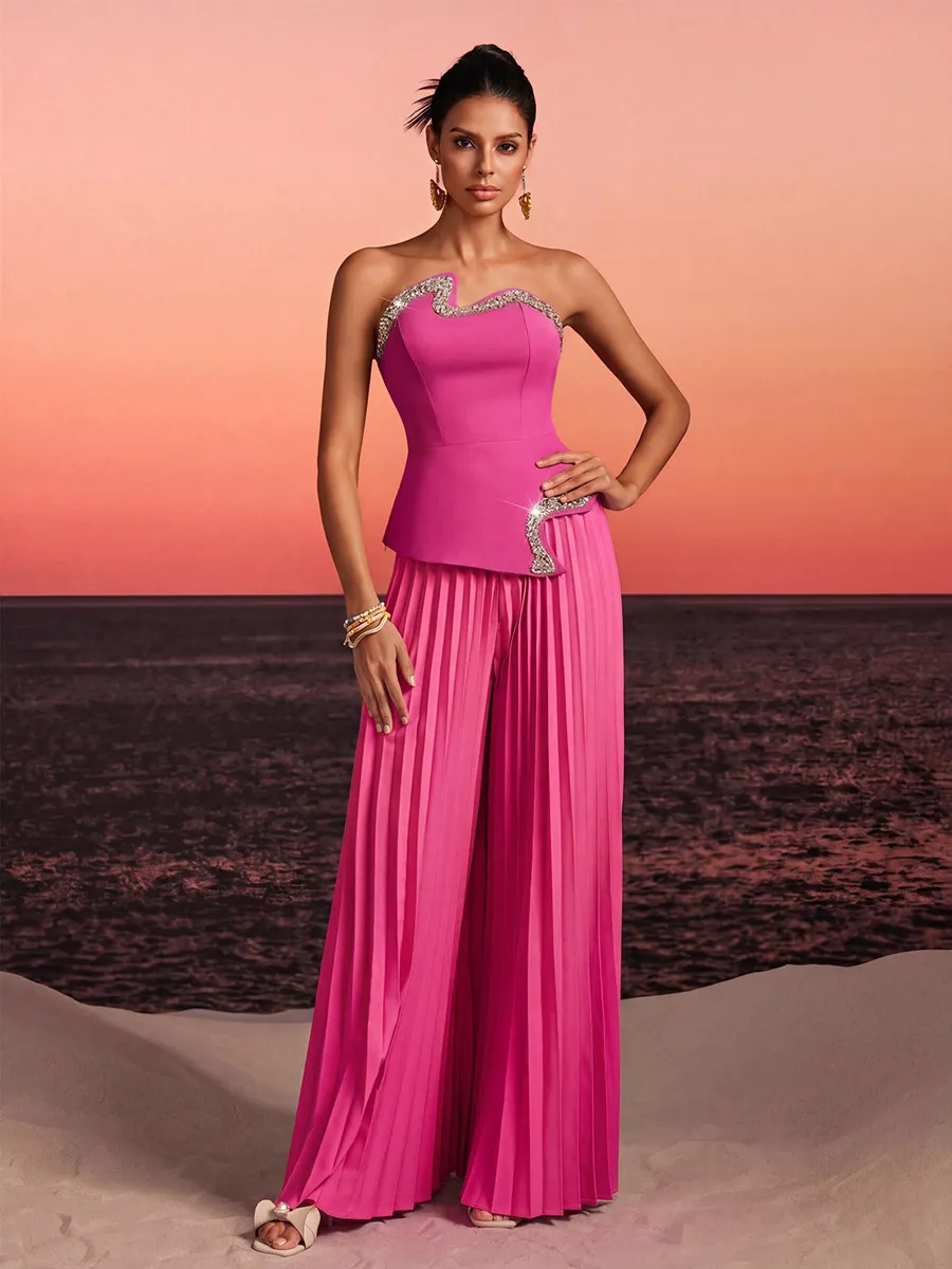 Zora Strapless Crystal Pleated Pants Set