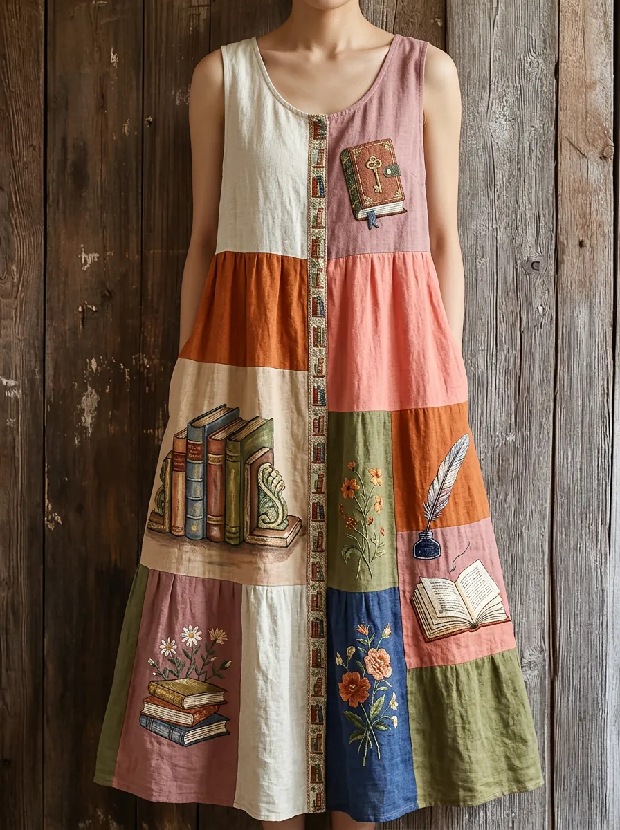 Women's Book Lover Library Patchwork Printed Cotton Linen Dress