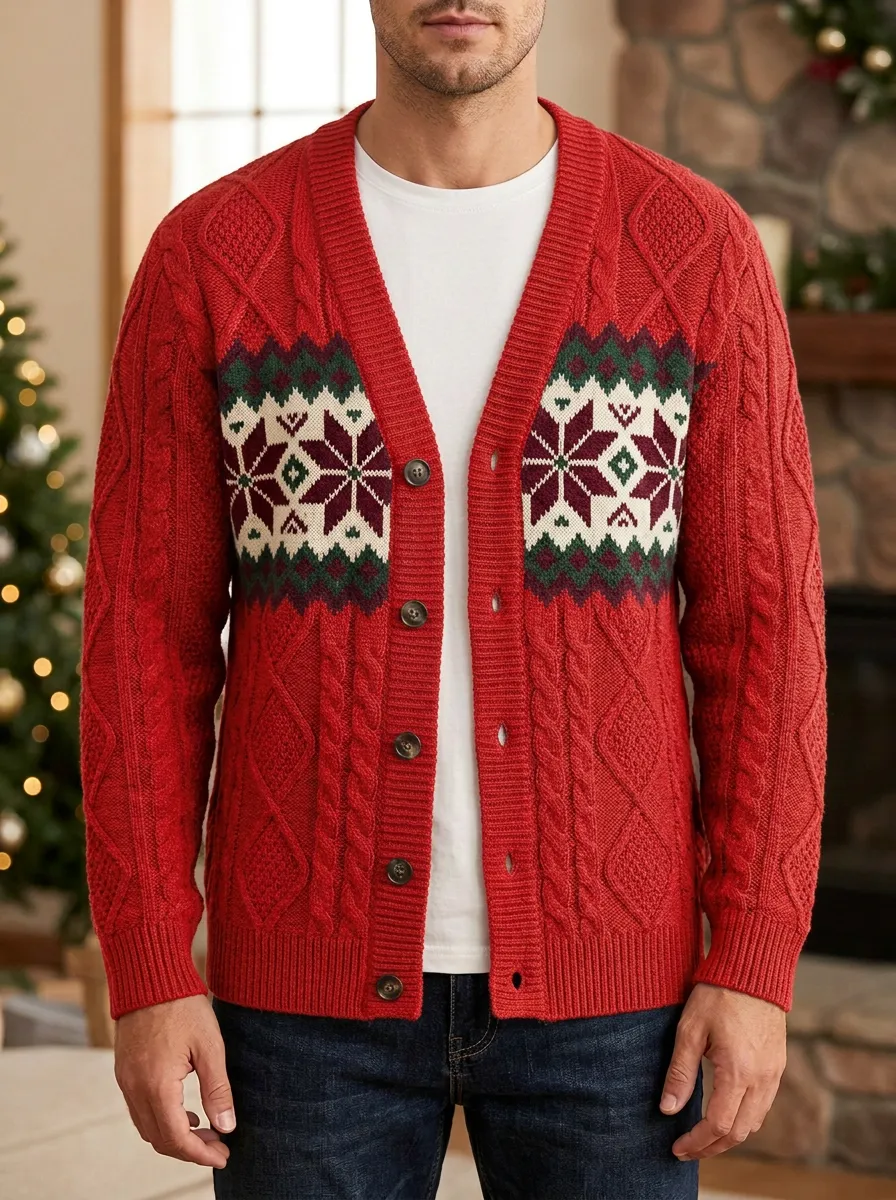 Snowflake Cable Knit V Neck Cardigan