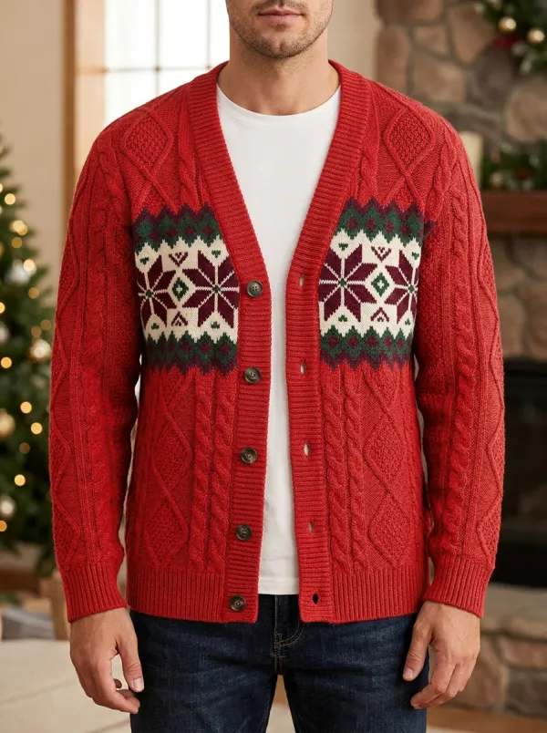Snowflake Cable Knit V Neck Cardigan