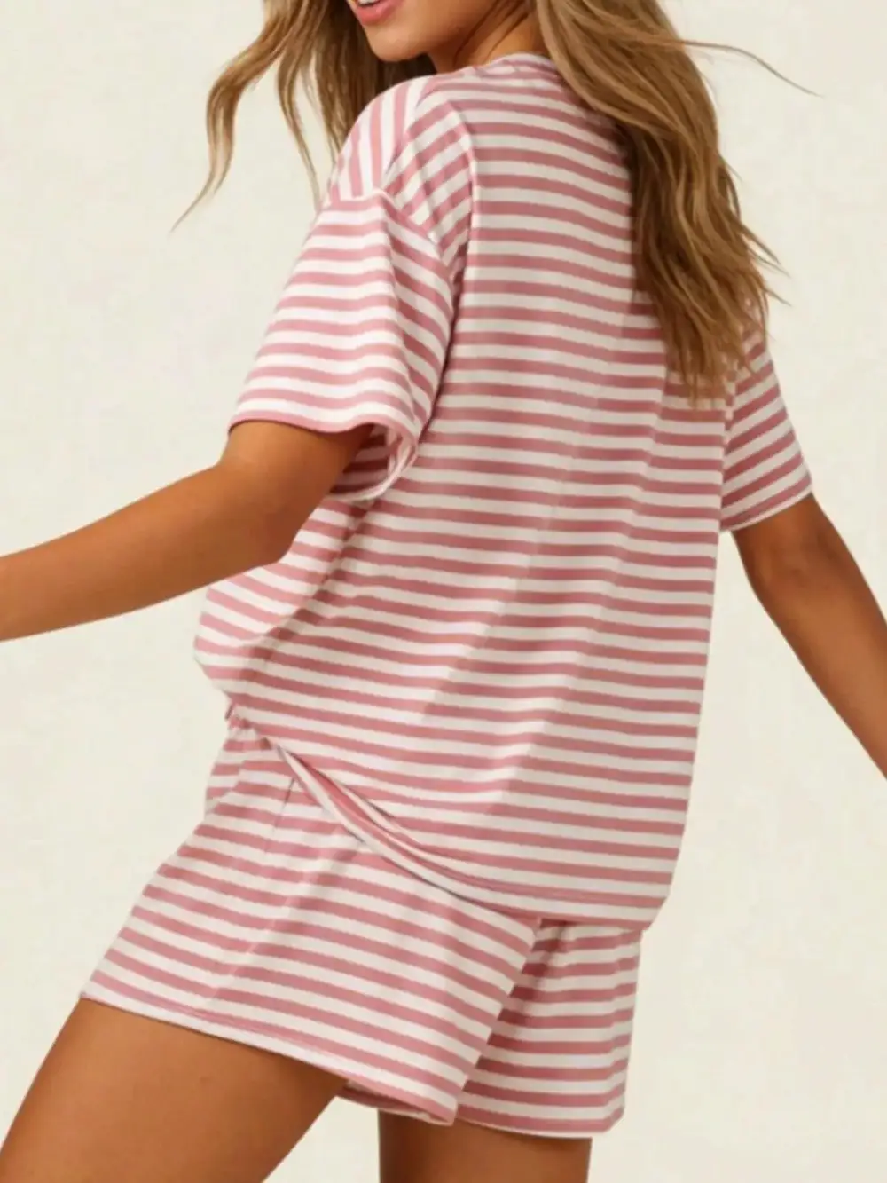 Striped Short Sleeve Tee Drawstring Shorts Set
