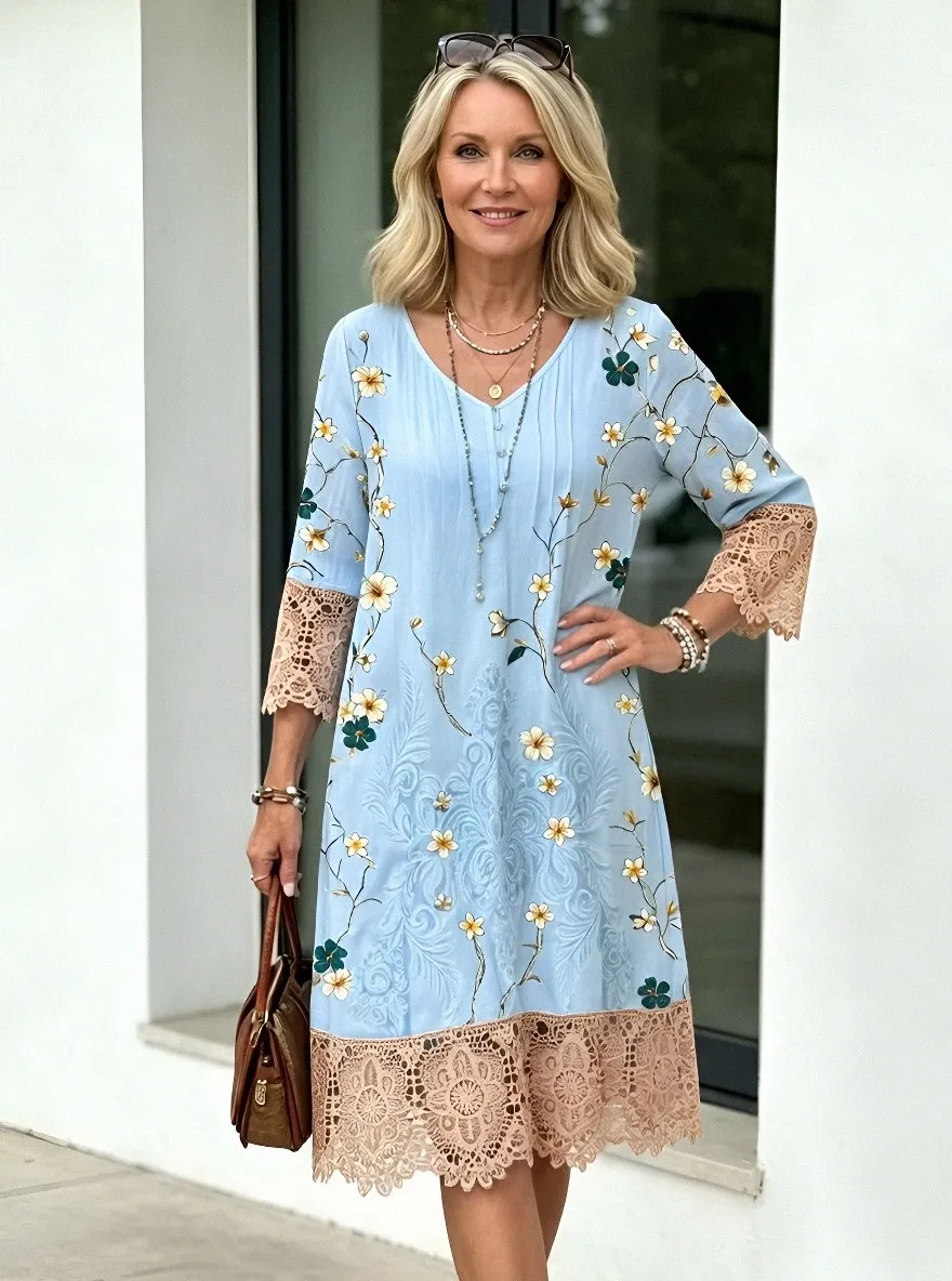 Women's Summer Vacation Floral Embroidery Lace Trim Printed Dress