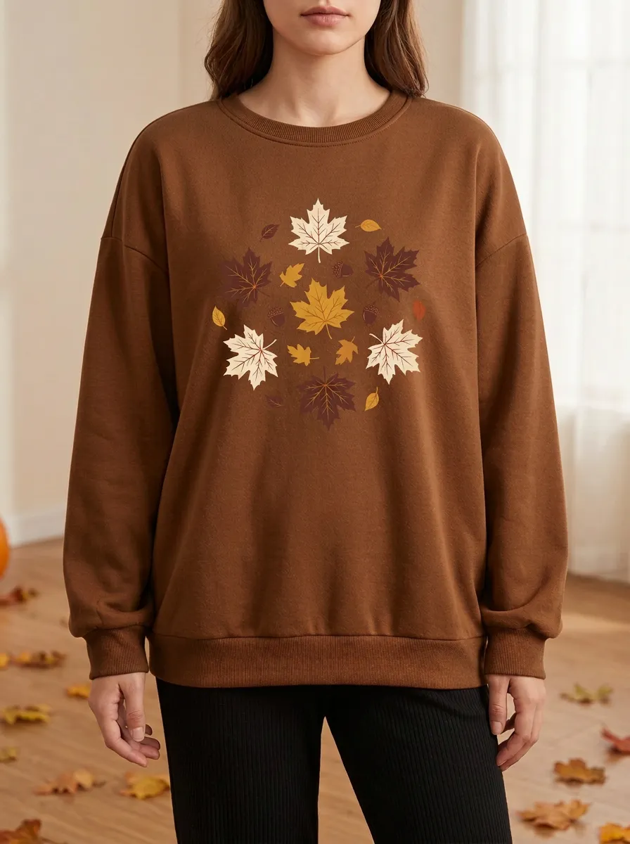 Textured Design Maple-Leaf Printed Acorn Graphic Sweatshirt