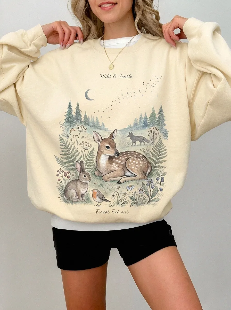 Women's Nature Lover Forest Animal Deer Rabbit Printed Sweatshirt
