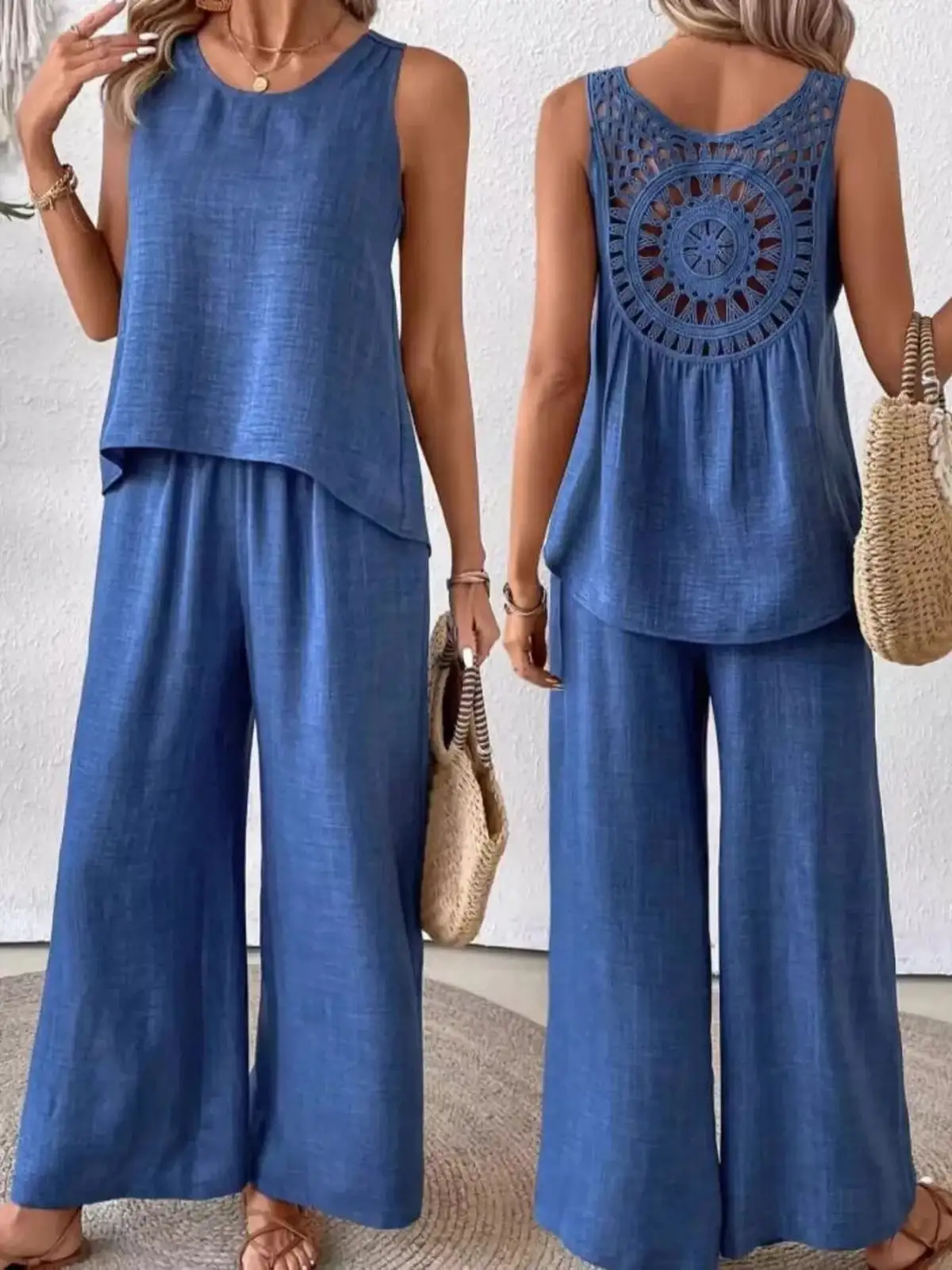 Round-Neck Cutout Pants Matching Set