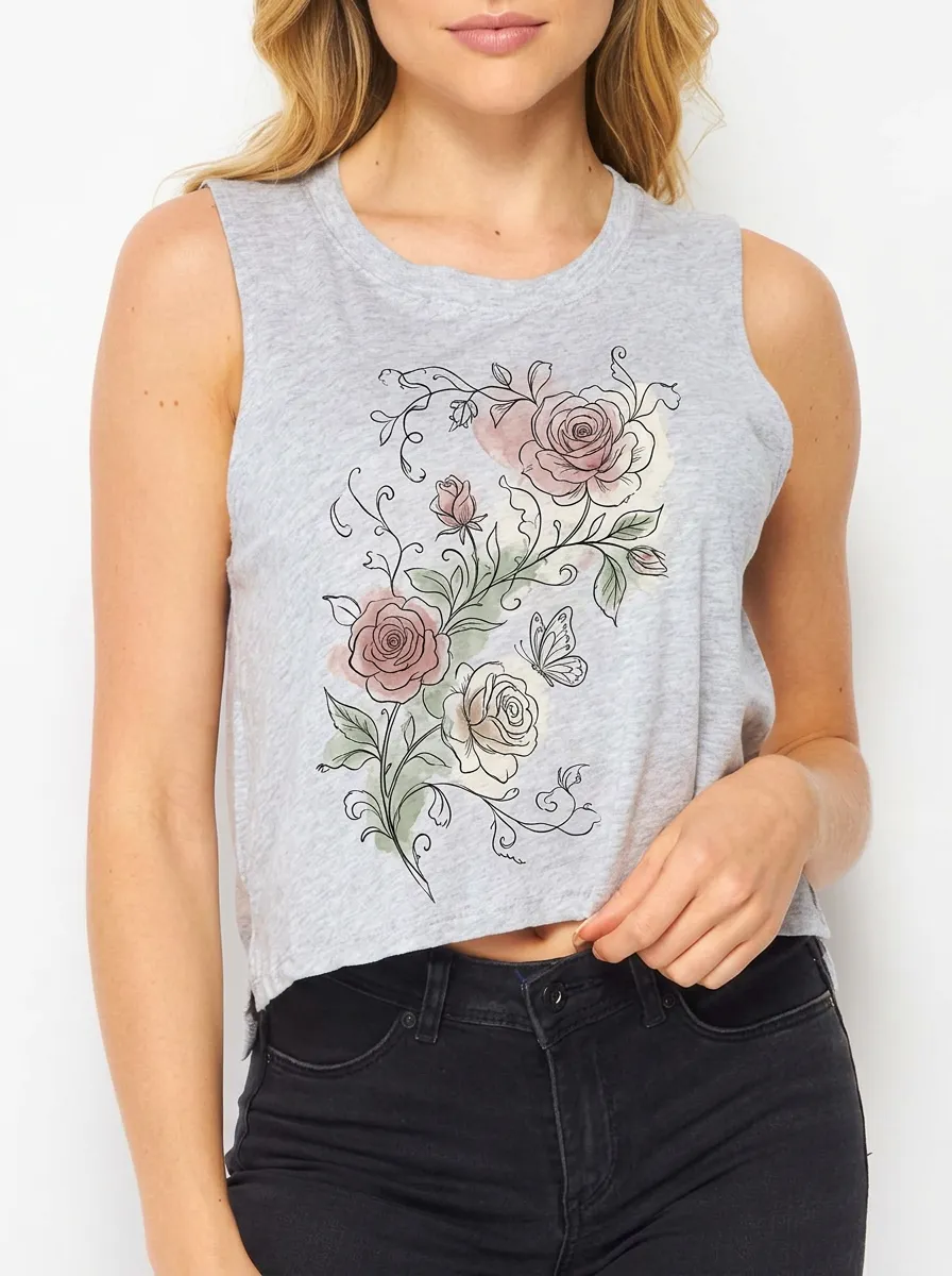 Women's Floral Lover Rose Butterfly Watercolor Printed Crop Tank Top