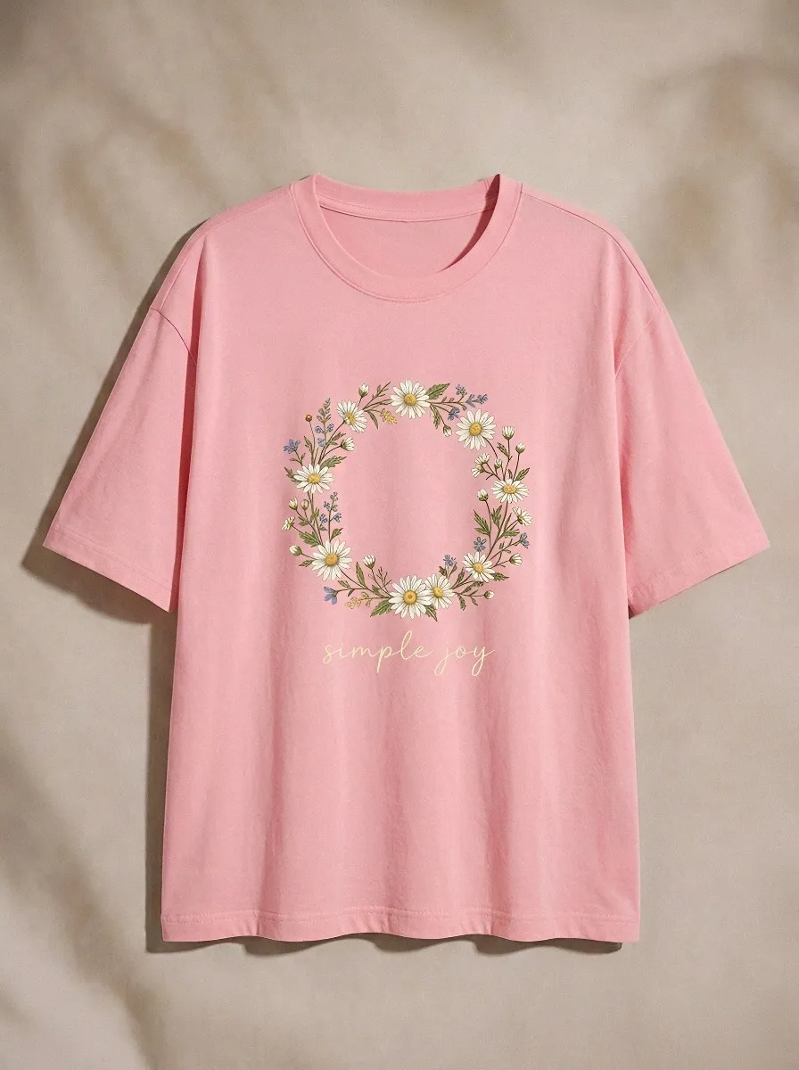 Women's Nature Lover Daisy Wreath Simple Joy Printed T-shirt