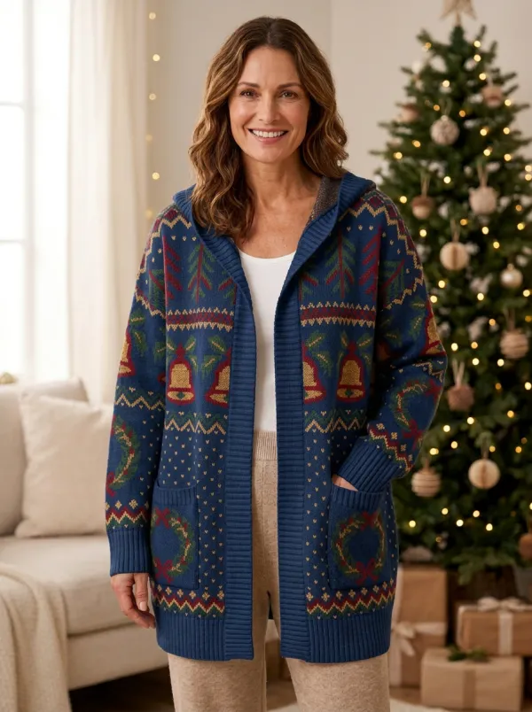 Christmas Bell Tree Wreath Pattern Print Hooded Cardigan