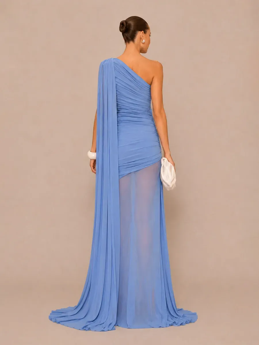 Isla One-Shoulder Cape Maxi Dress with Mesh Paneling