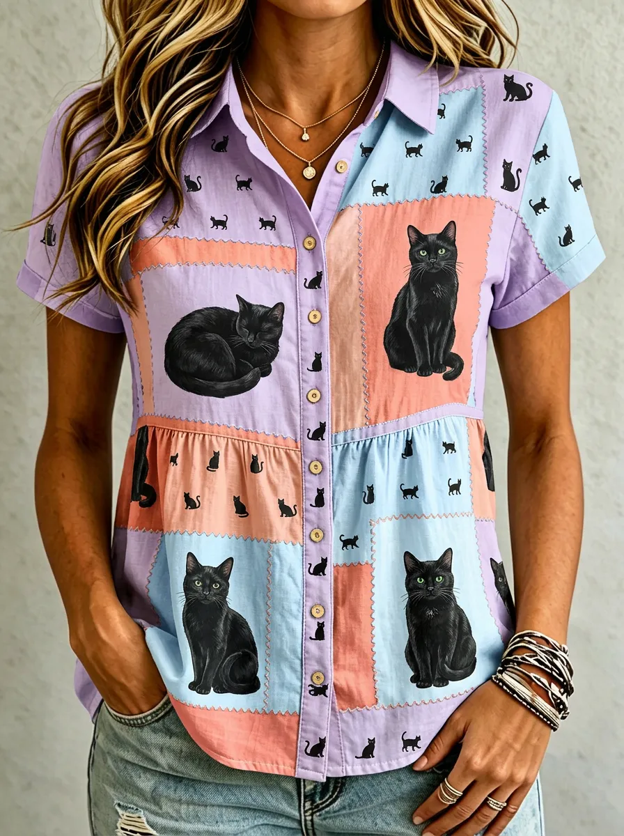 Women's Cat Lover Black Cat Patchwork Printed Cotton Linen Shirt
