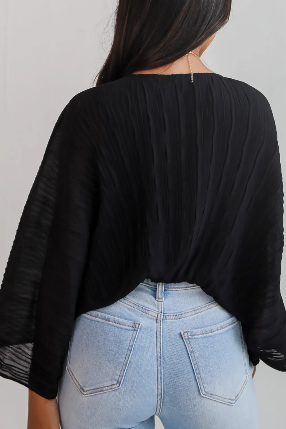 Black Pleated Tie-Front Blouse
