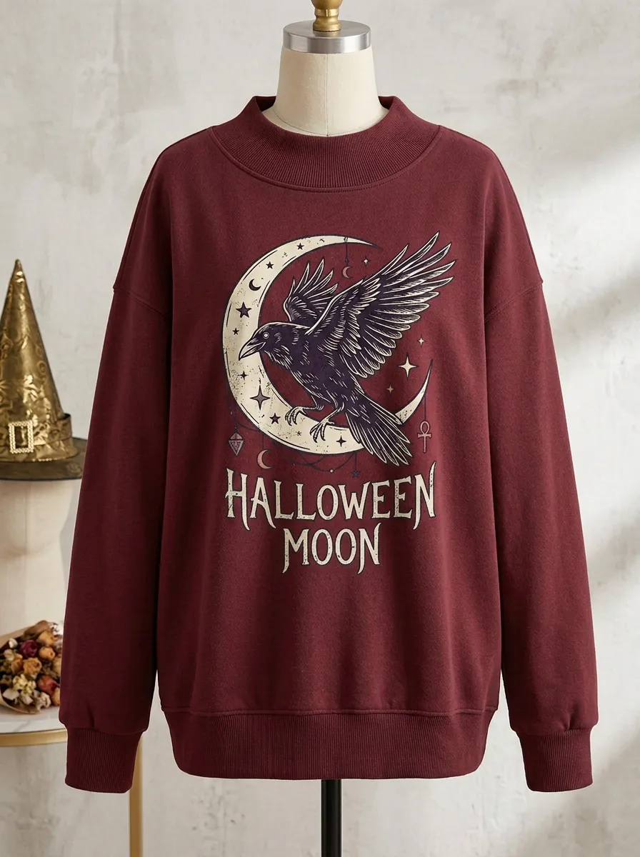 Women's Halloween Gothic Raven Moon Printed Sweatshirt