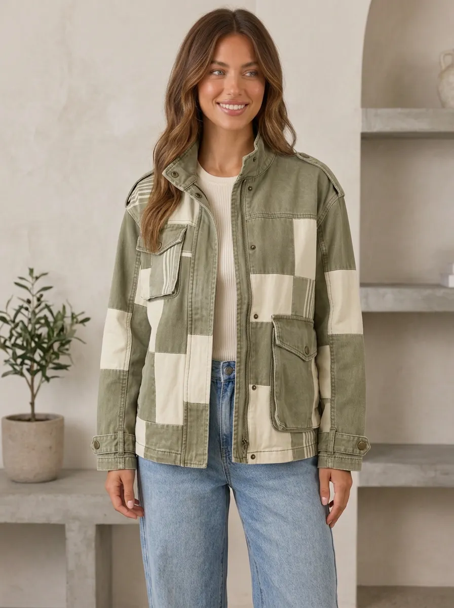 Women's Casual Style Olive Green Patchwork Printed Utility Jacket