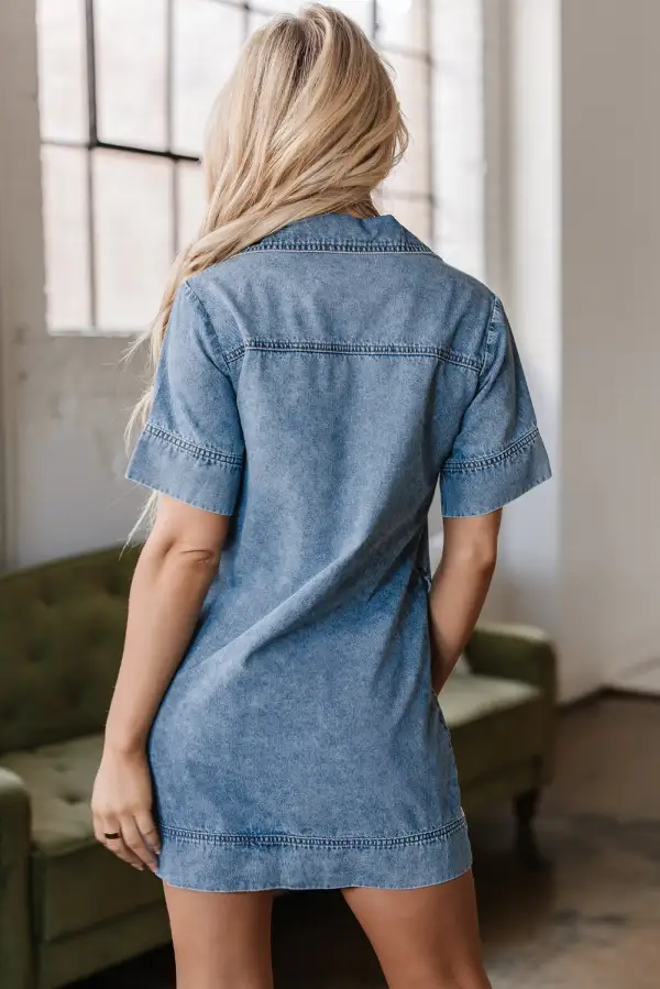 Laidback Denim Look Pocket Detail Collared Mini Dress
