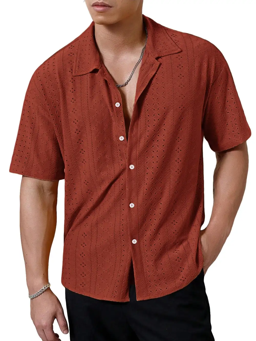 Men's Short-Sleeve Casual Shirt With Openwork Embroidery Lapel Collar And Relaxed Fit