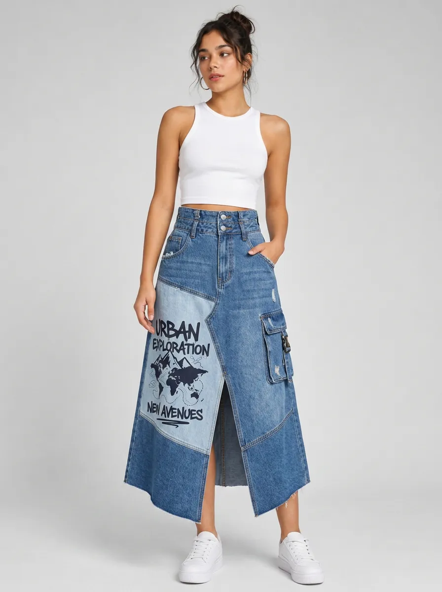 Women's Urban Exploration Map Printed Patchwork Denim Midi Skirt