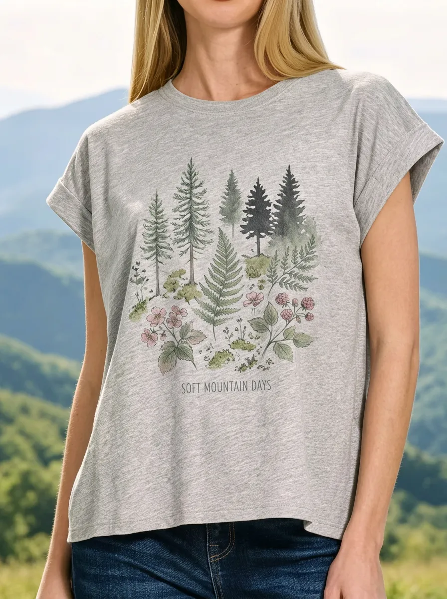 Women's Nature Lover Forest Fern Wildflower Printed T-shirt