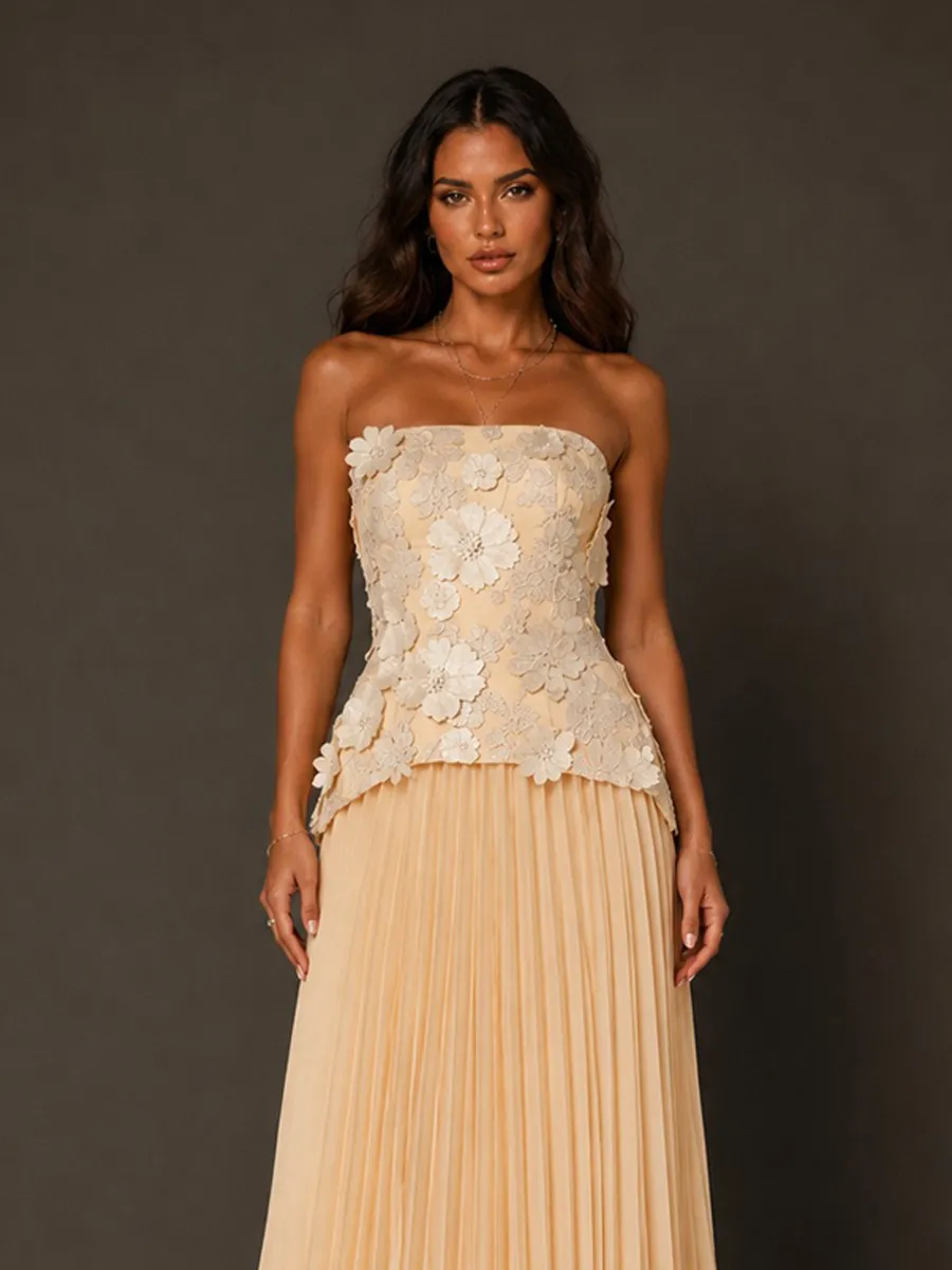 Isla Elegant Floral Strapless Top and Maxi Skirt Two-Piece Set