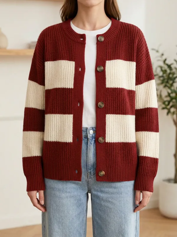 Relaxed Knit Distinctive Rugby Striped Knit Cardigan