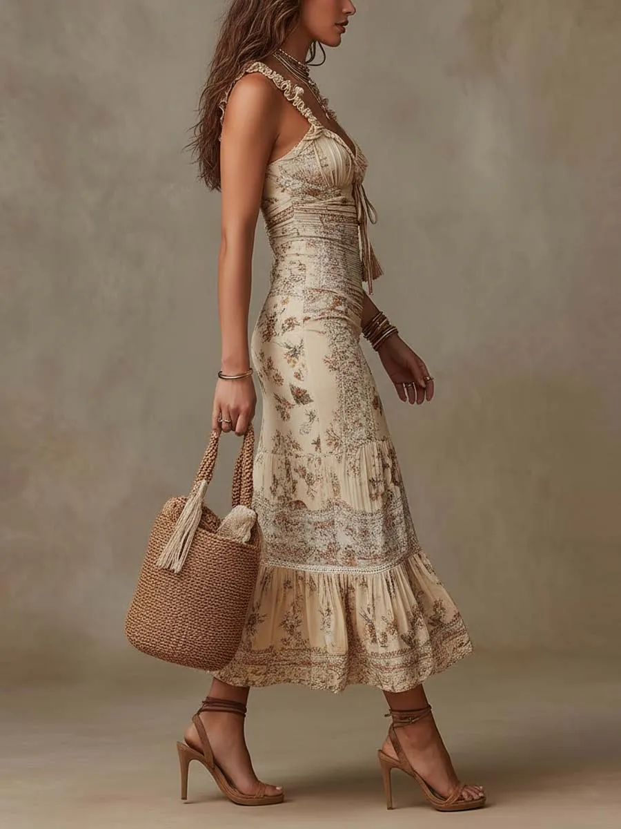 Bohemian Ruffle Strap Floral Print Slit Midi Dress In Cream
