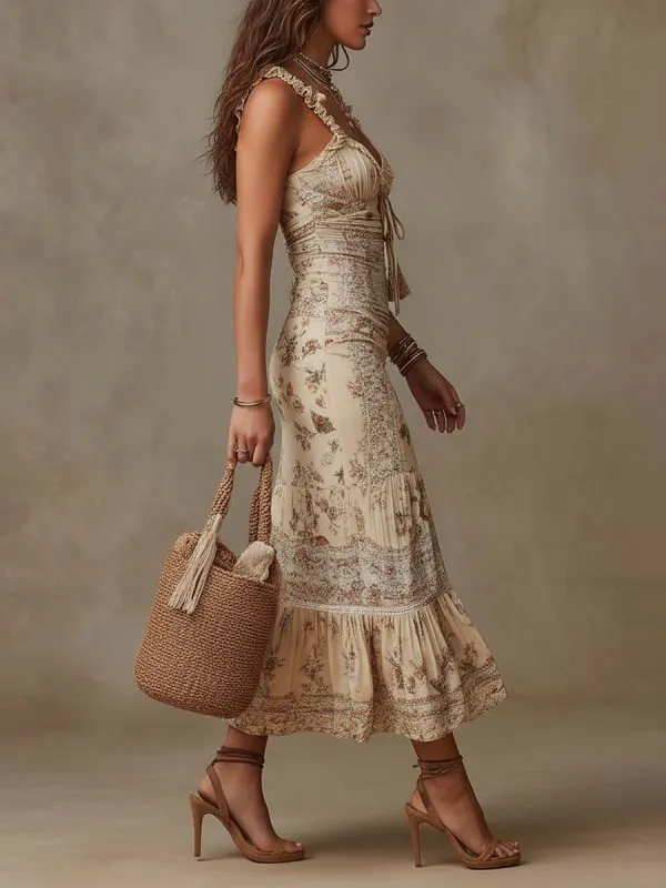 Bohemian Ruffle Strap Floral Print Slit Midi Dress In Cream