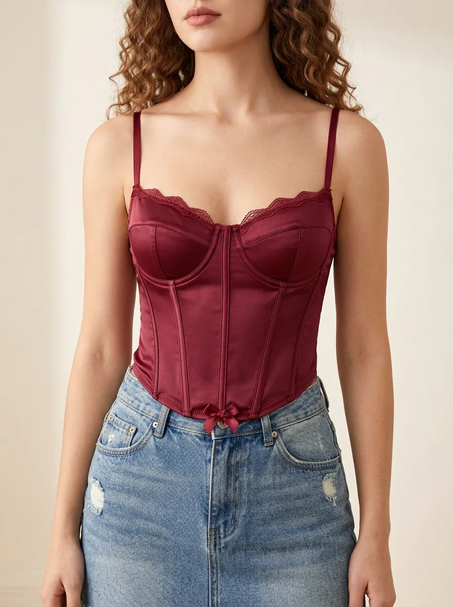Lace-Trim Satin-Look Women's Corset Top