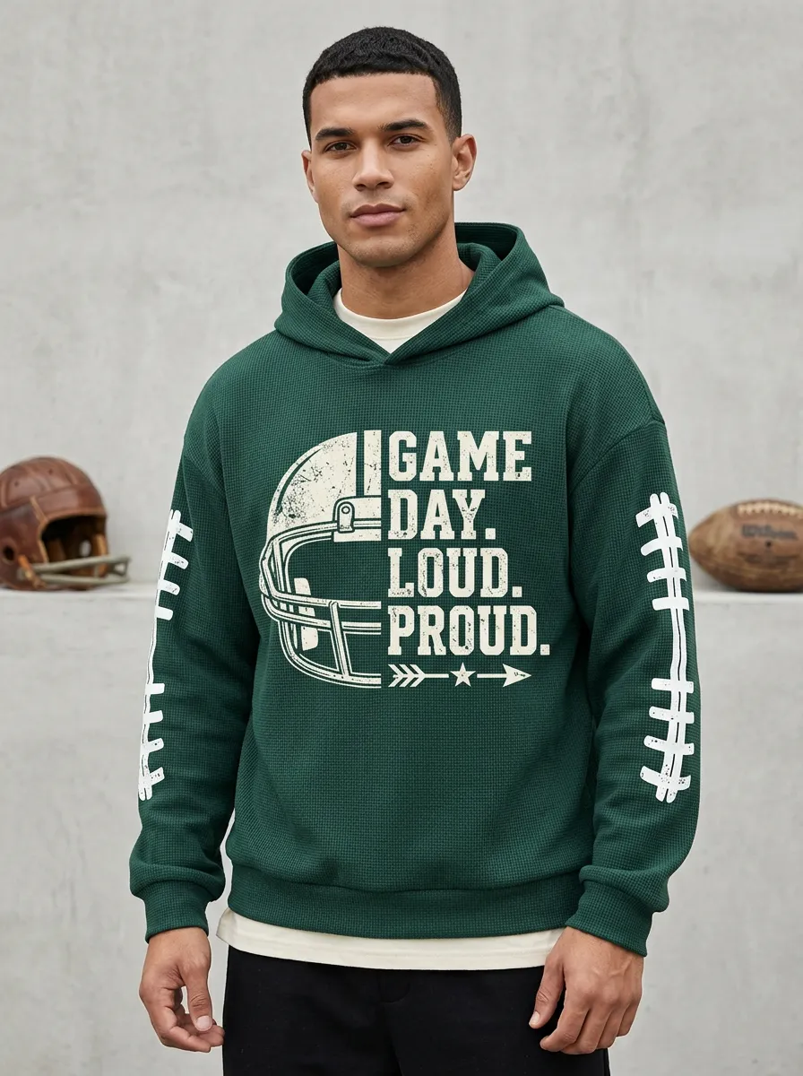 Men's American Football Game Day Helmet Printed Waffle Hoodie