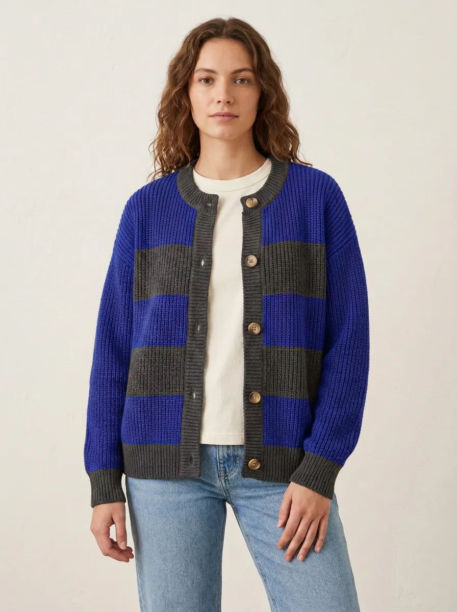 Relaxed Layering Distinctive Rugby Striped Knit Cardigan
