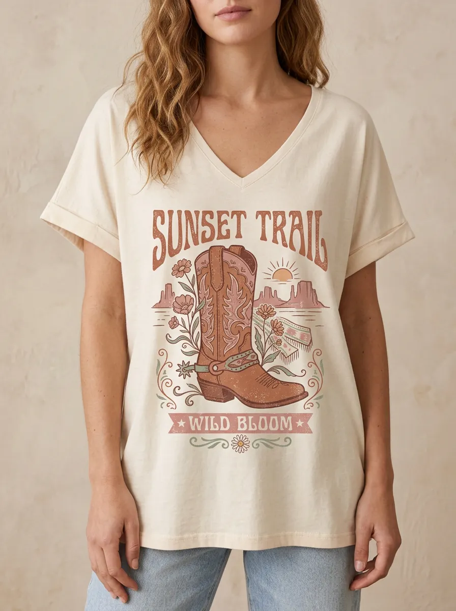 Women's Western Cowboy Boot Sunset Trail Floral Printed V-Neck T-Shirt