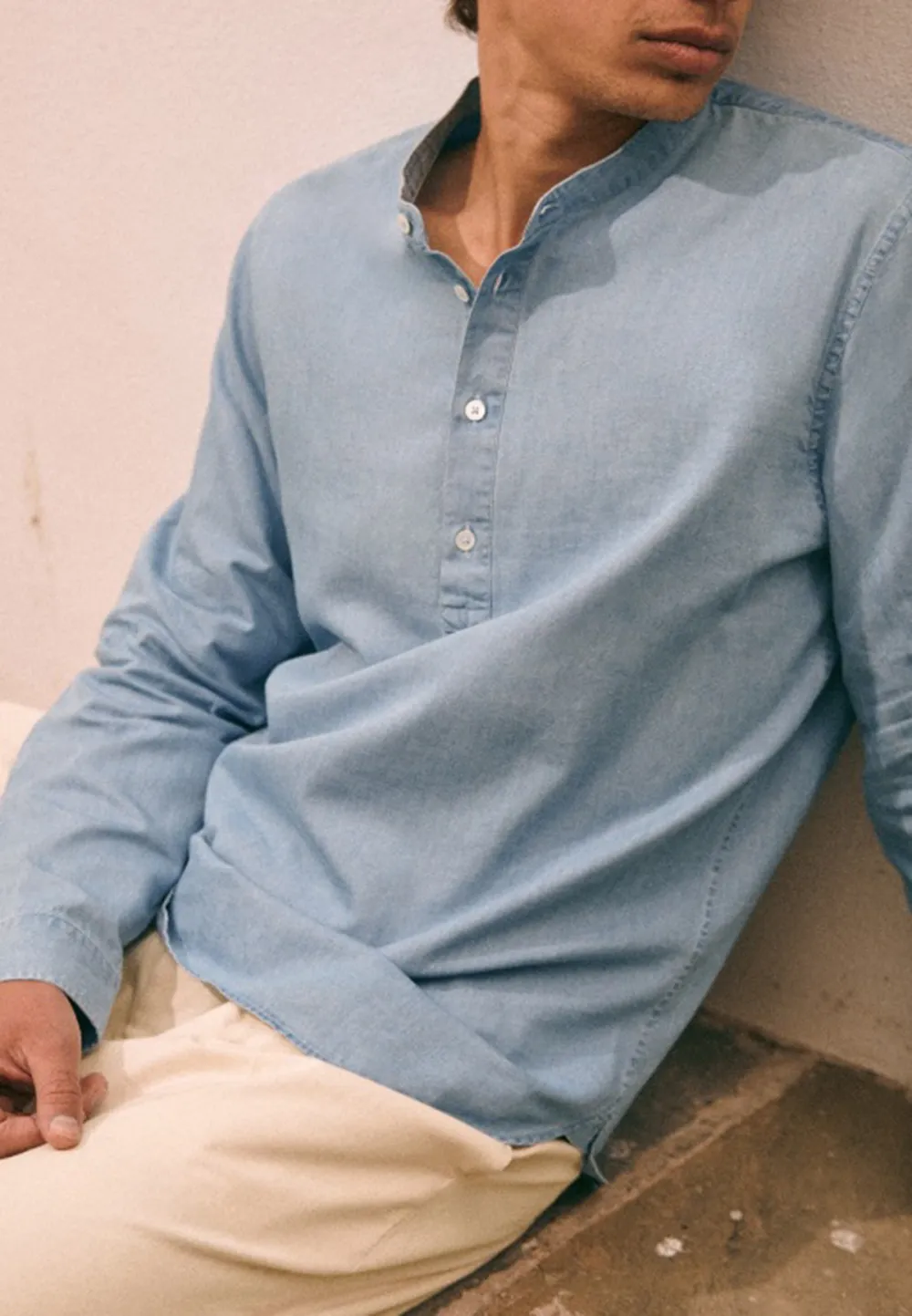 Light Blue Denim-Look Henley Style Long Sleeve Shirt