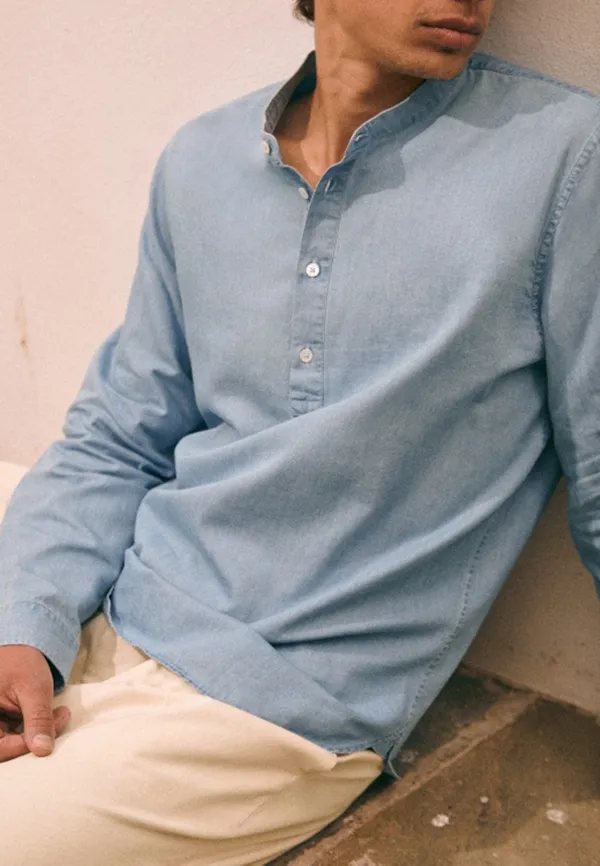 Light Blue Denim-Look Henley Style Long Sleeve Shirt