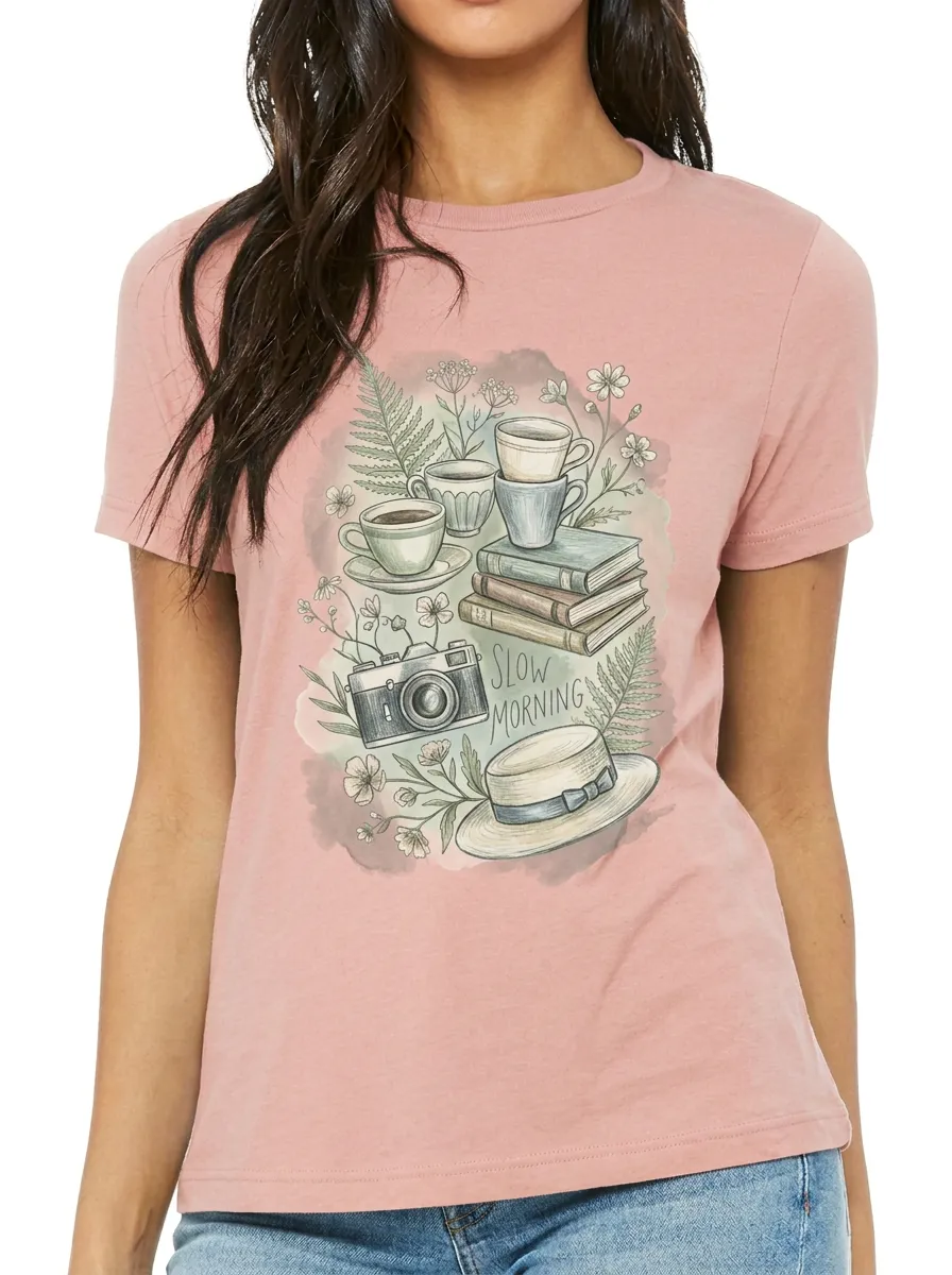 Women's Slow Morning Coffee Books Camera Printed T-shirt