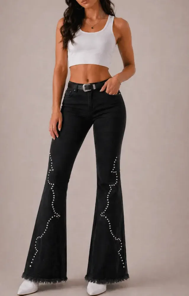 Bell Bottom Frayed Hem Denim Jeans