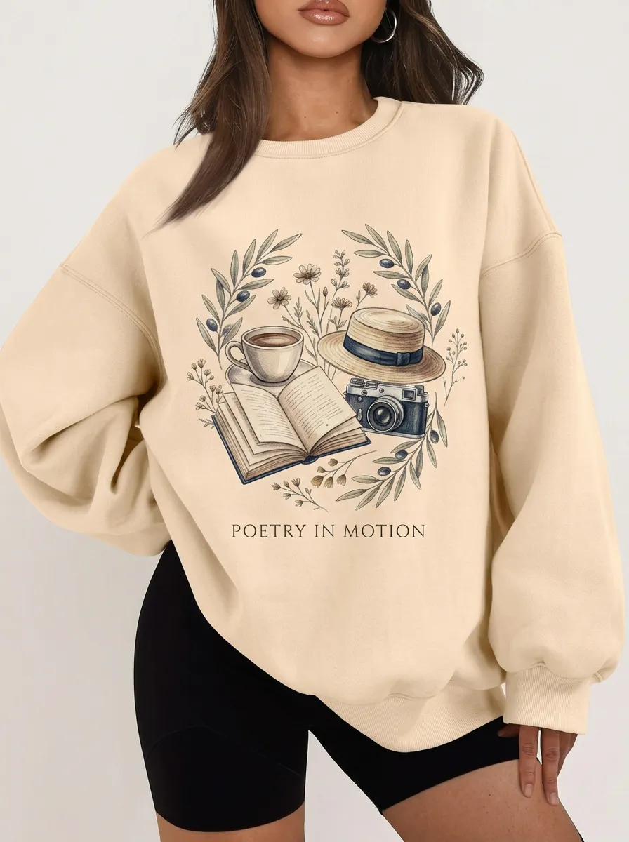 Women's Book Coffee Camera Floral Printed Sweatshirt
