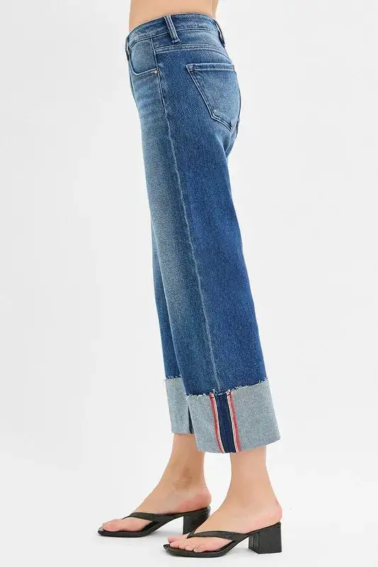 Full Size Tummy Control Mid Rise Crop Wide Cuffed Jeans Plus Size