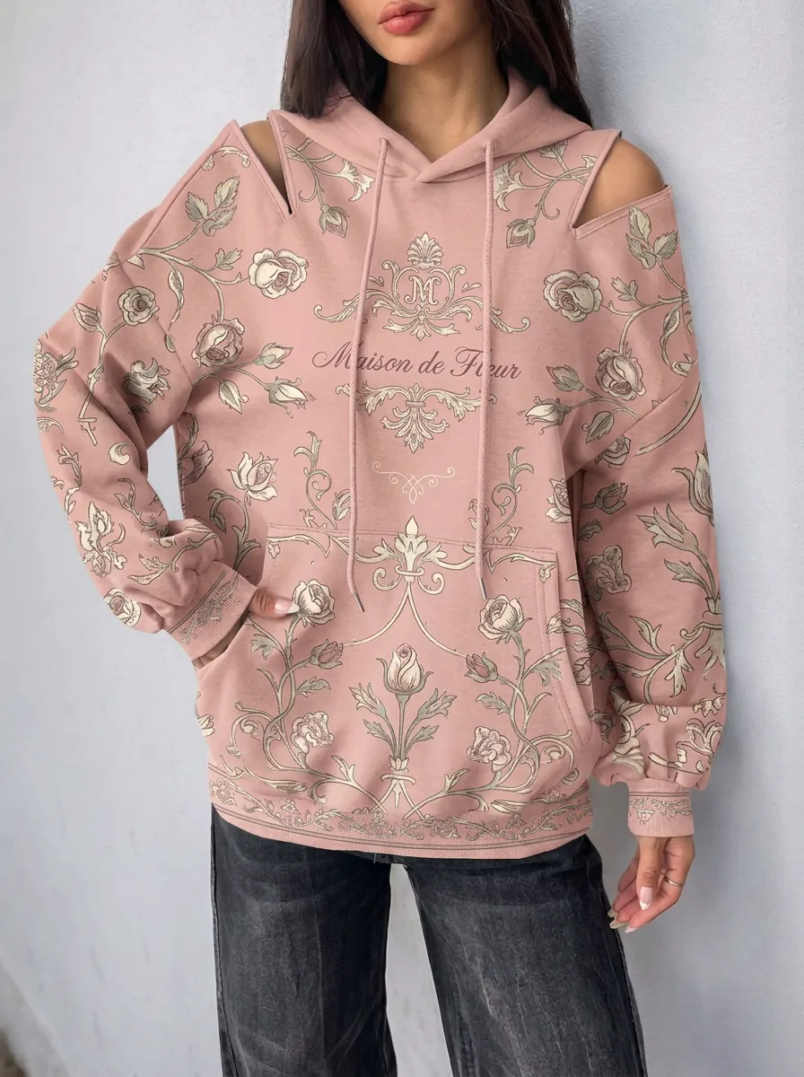 Women's Vintage Floral Maison de Fleur Printed Cold Shoulder Hoodie
