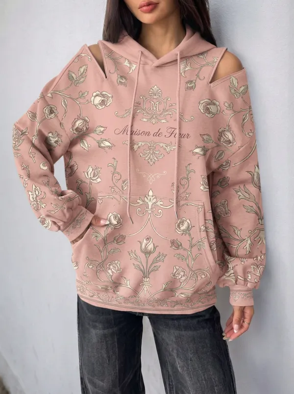 Women's Vintage Floral Maison de Fleur Printed Cold Shoulder Hoodie