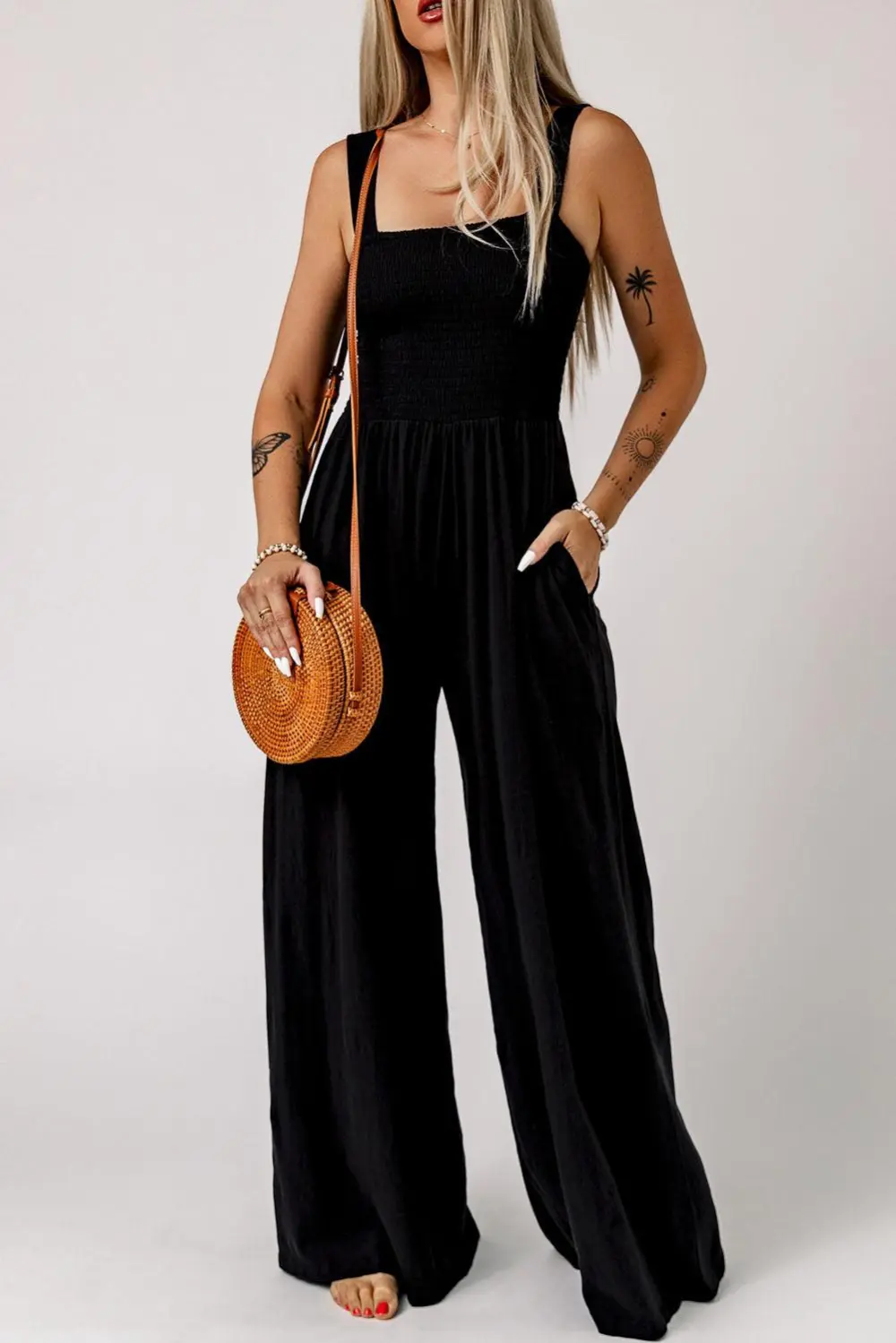Smocked Square Neck Wide Leg Pockets Jumpsuit