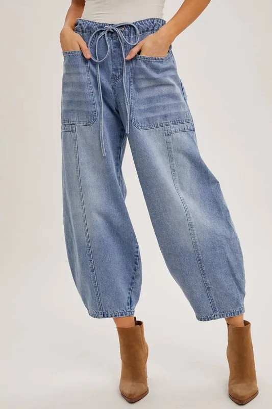 Blue Drawstring Barrel Jeans