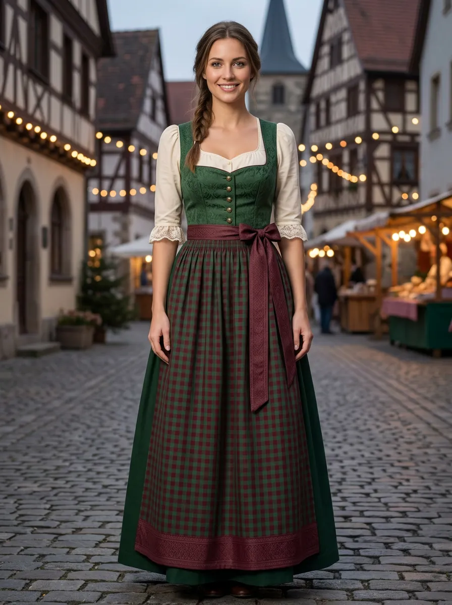 Square Neck Plaid Traditional Women's Bavarian Oktoberfest Dirndl Dress