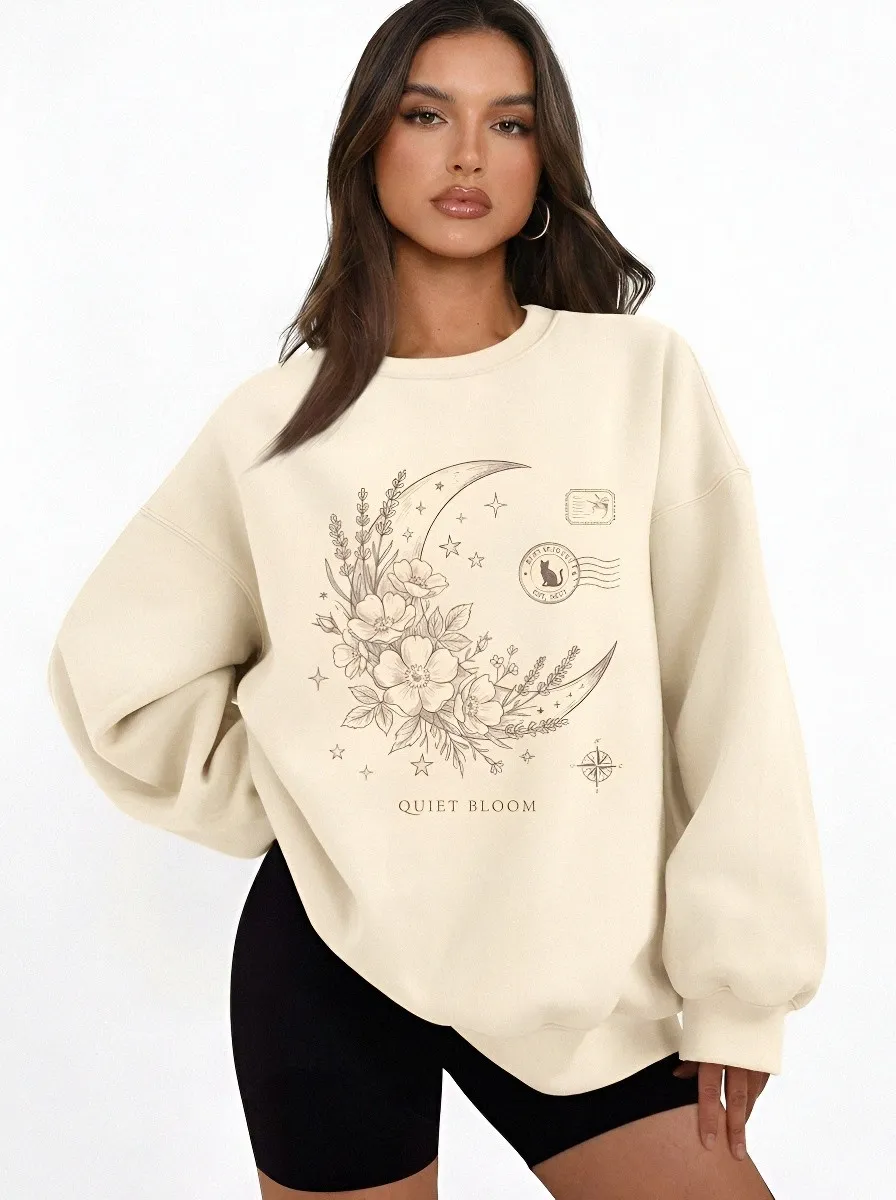 Women's Celestial Floral Moon Cat Printed Sweatshirt