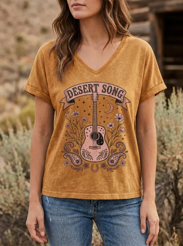 Floral Guitar Desert-Song Western V-Neck T-Shirt