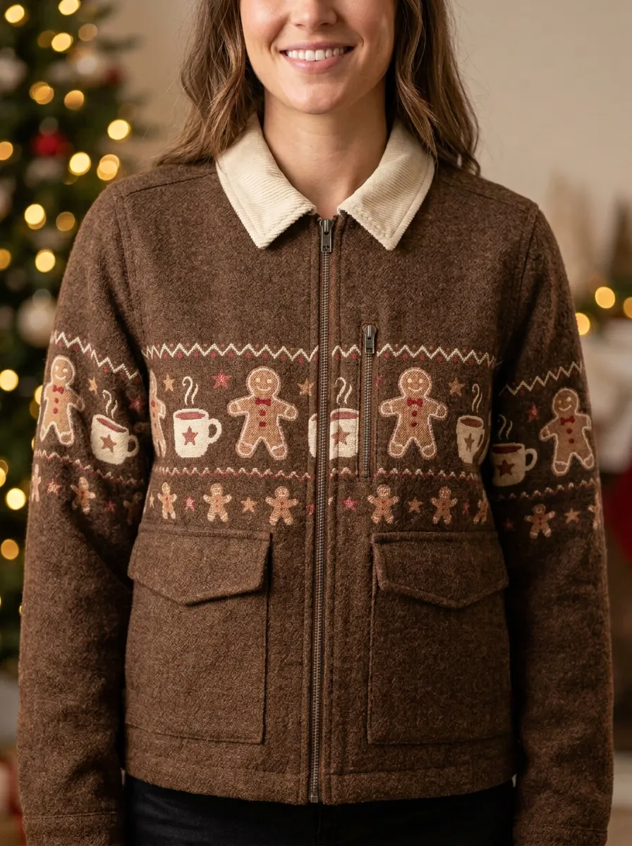 Christmas Gingerbread Man Coffee Print Zip Jacket