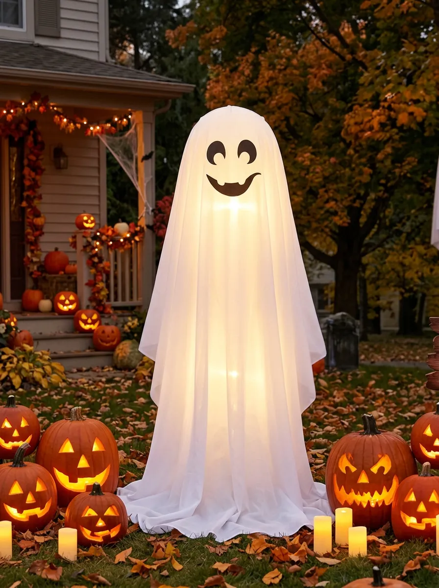 Spooky-Ghost Ghost Pumpkin-Accent Halloween Yard Decoration