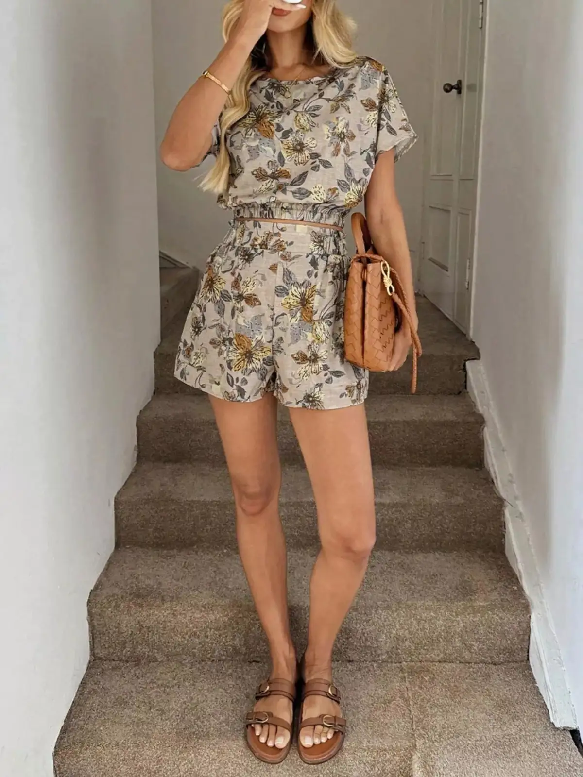 Pocketed Floral-Print Top and Shorts Matching Set
